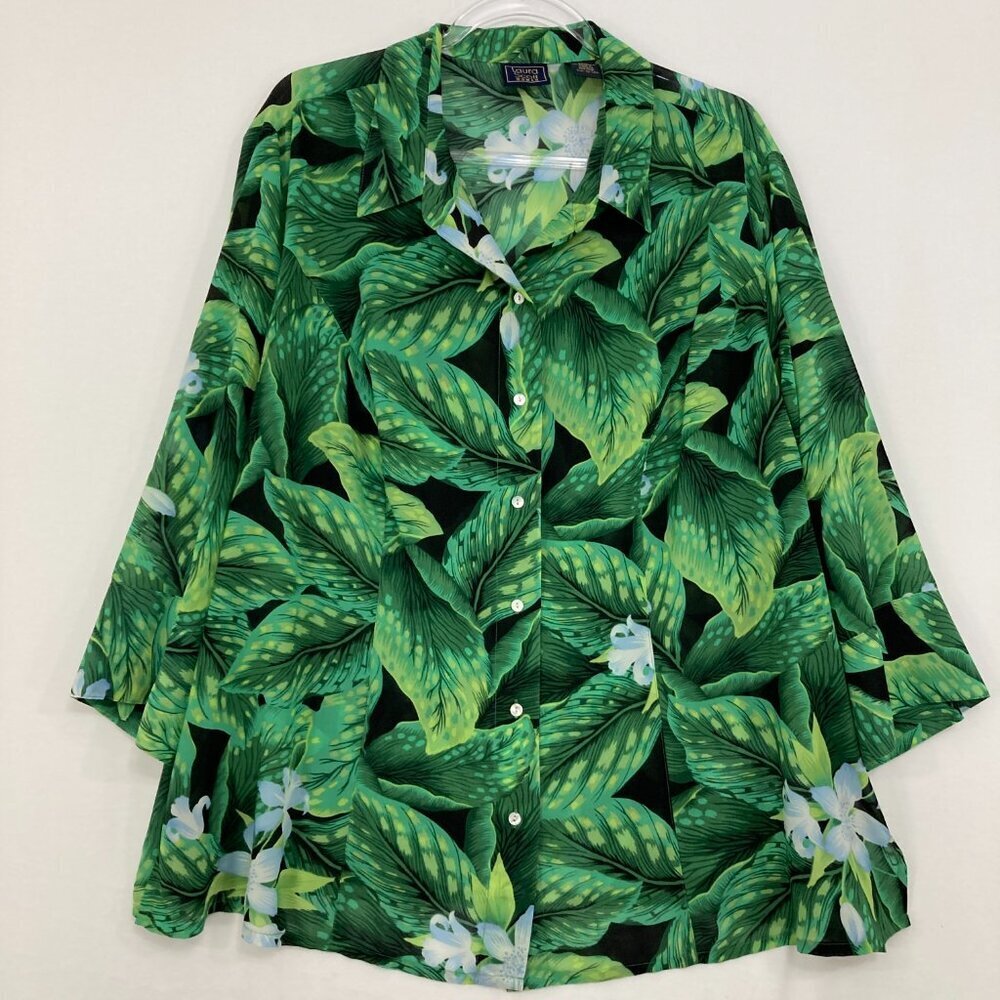 Laura Scott size 24W Green Black Floral 3/4 Sleeve Relaxed Button Down Office